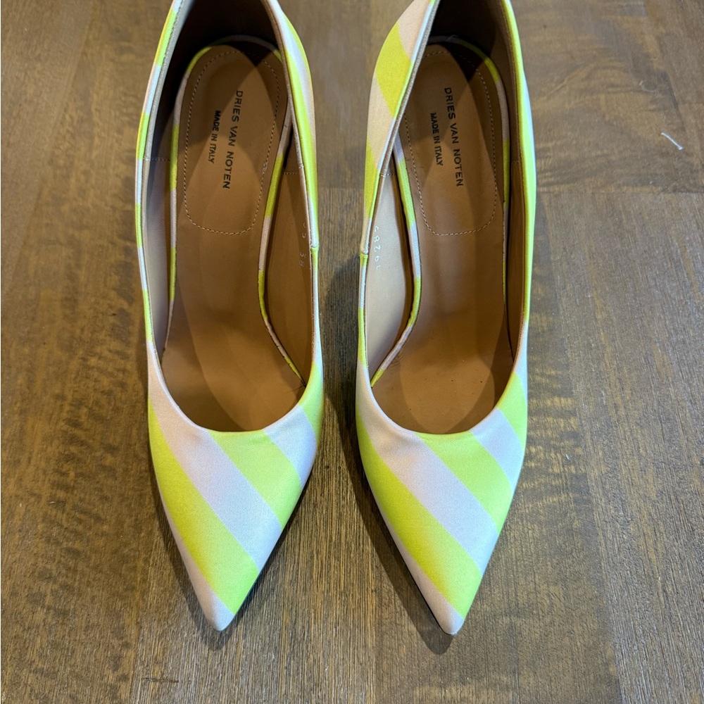Dries Van Noten Neon Yellow and Ivory Satin Heels